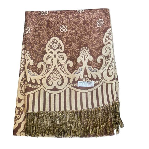 Cashmere Silk Pashmina Fringe Brown Gold Metallic - Picture 3 of 6